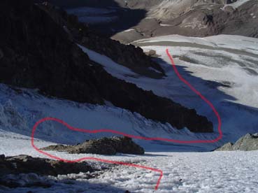 Glaciar que cae del portezuelo y comienzos canaleta