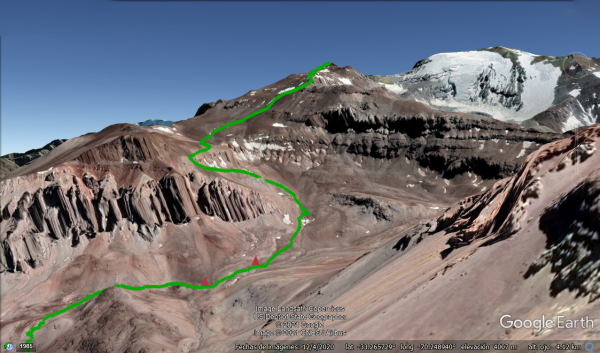 Panorámica del tramo entre el campamento y la cumbre (vista Google Earth con track)