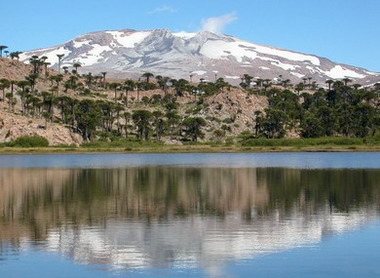 Volcán Copahue y laguna Escondida.